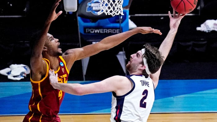 Gonzaga's Drew Timme shoots vs. USC's Evan Mobley